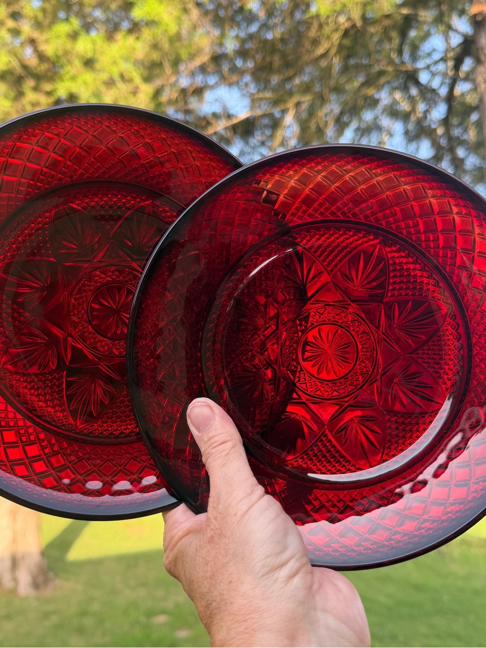 2 Ruby Luminarc Cristal D' Arques Durand 8" Luncheon Plates Pressed Cut Gothic